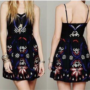 Free People embroidered Black blue  Red Floral Mini Dress